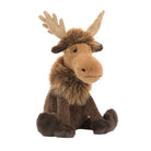 A plush stuffed moose toy with tan antlers, a light brown face, and brown and dark brown fur, sitting against a plain white background.