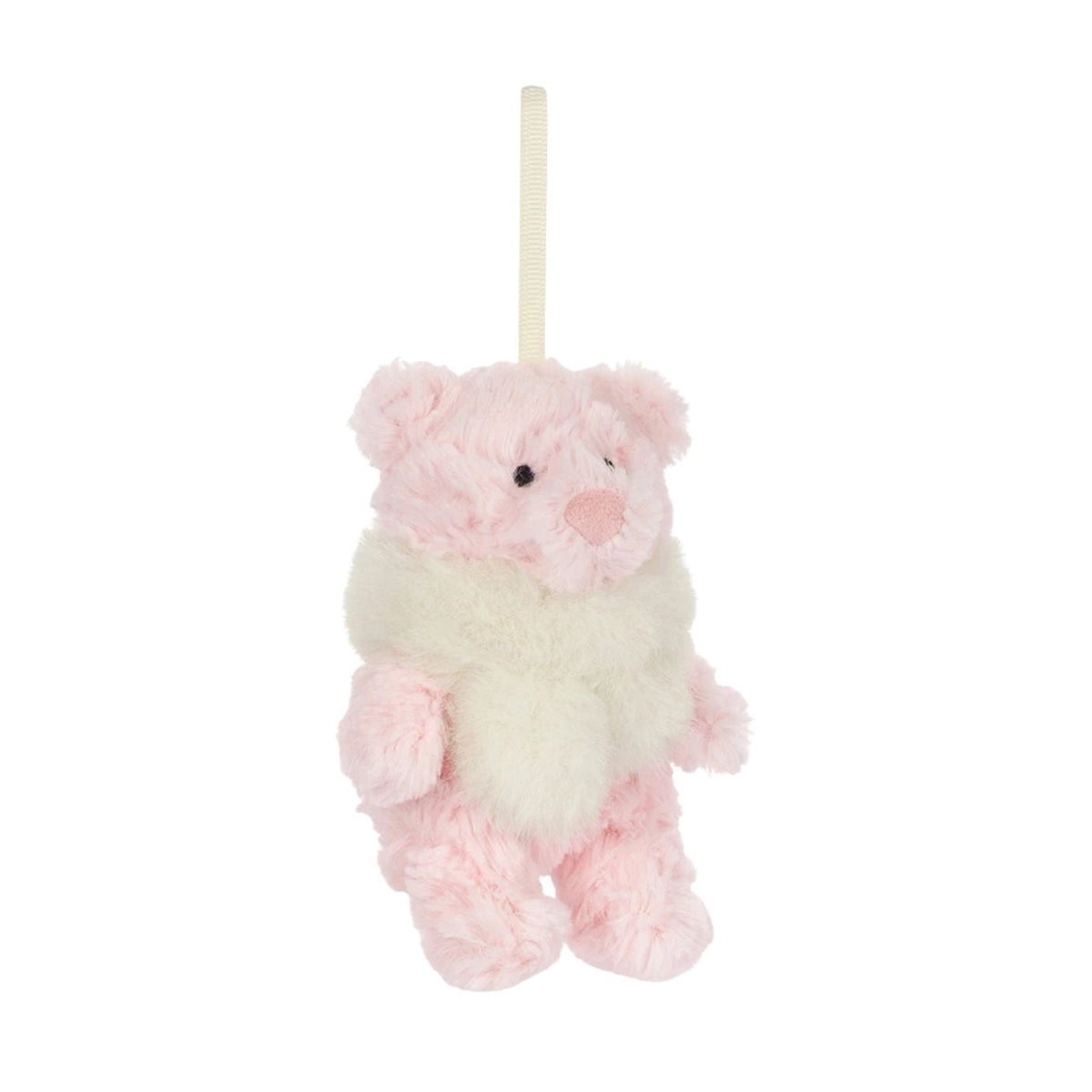 A small plush teddy bear ornament or hanging decoration in soft pink and cream white, with a cream hanging loop at the top, shown against a plain white background.