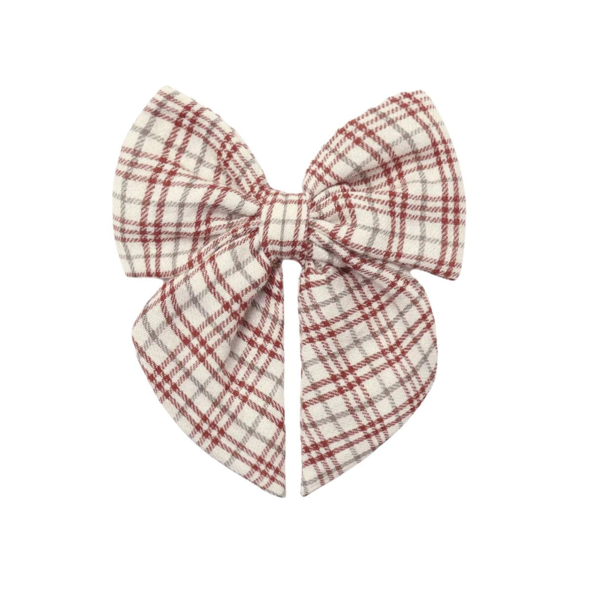 A decorative children's hair bow featuring a festive red, white, and tan plaid pattern with long, pointed tails.