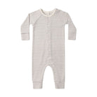 Long John - Fog Stripe by Quincy Mae — A soft, organic cotton long-sleeve baby romper in a neutral white and gray horizontal stripe pattern, featuring a front snap closure and raglan sleeves.