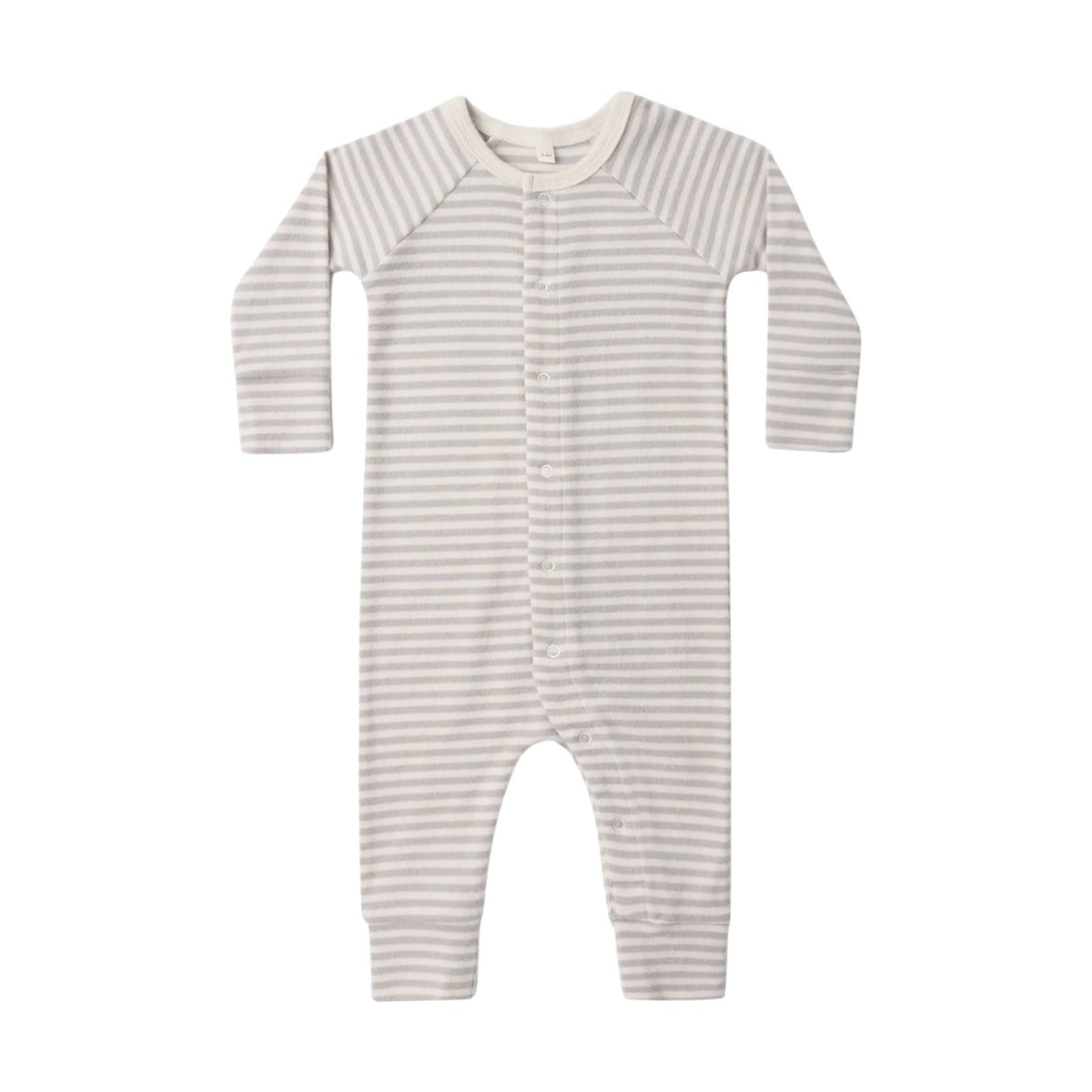 Long John - Fog Stripe by Quincy Mae — A soft, organic cotton long-sleeve baby romper in a neutral white and gray horizontal stripe pattern, featuring a front snap closure and raglan sleeves.