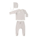 Quincy Mae Take Home Set in Fog Stripe, featuring a long-sleeve wrap top, matching footed trousers, and a bonnet in a light gray and white striped pattern on a white background.