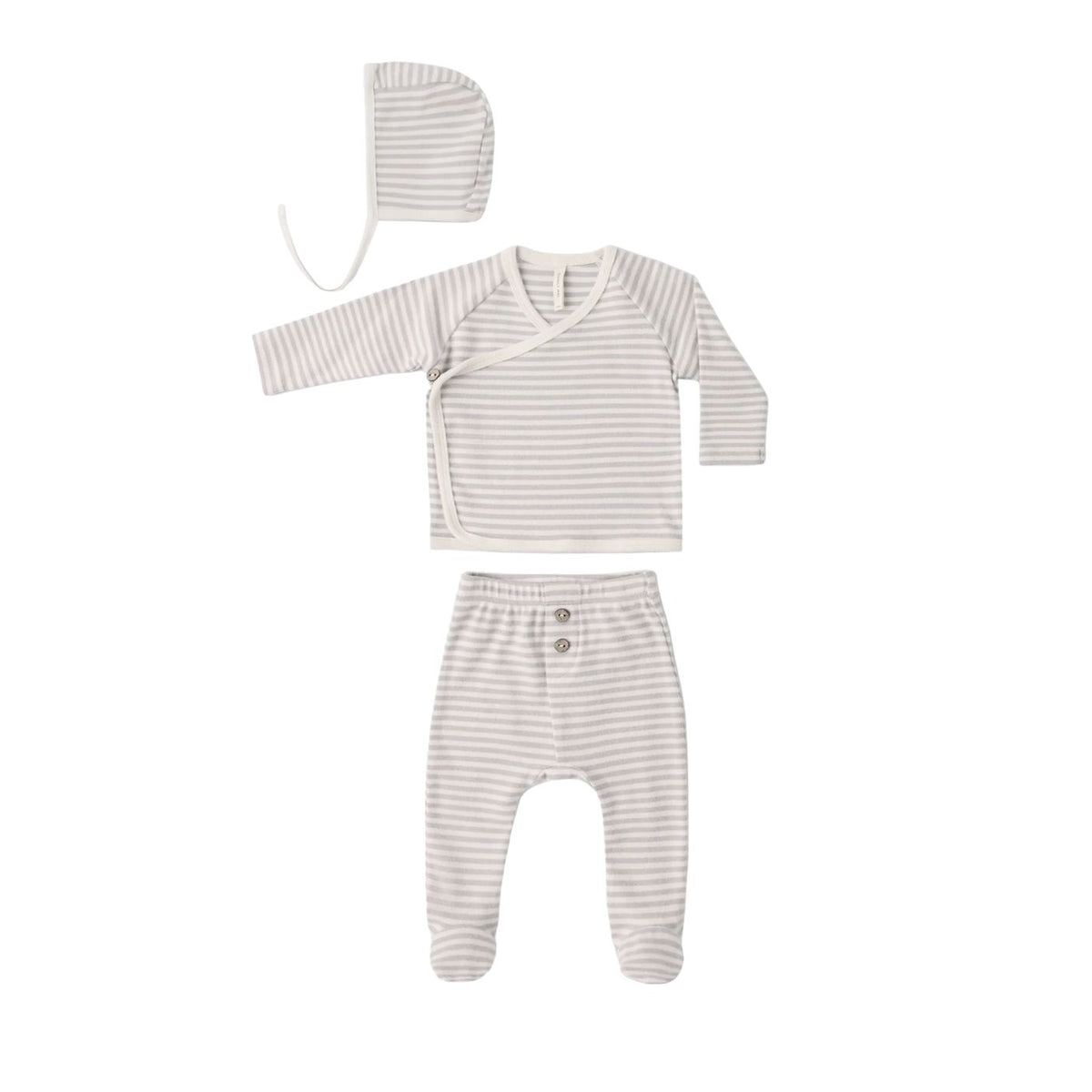 Quincy Mae Take Home Set in Fog Stripe, featuring a long-sleeve wrap top, matching footed trousers, and a bonnet in a light gray and white striped pattern on a white background.
