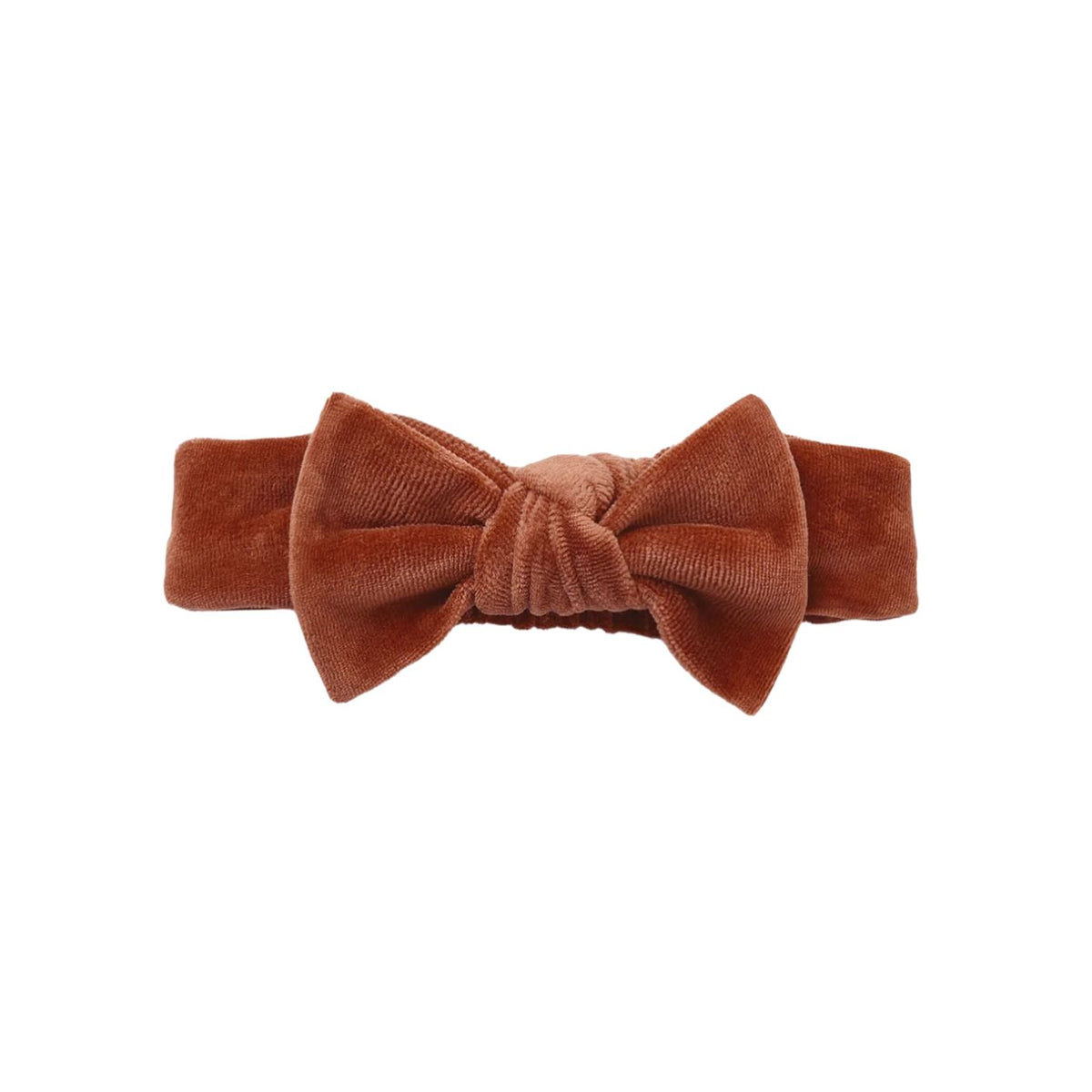 Velour bow headband in redwood by Quincy Mae featuring a plush, textured fabric with an oversized bow and elastic back on a white background.