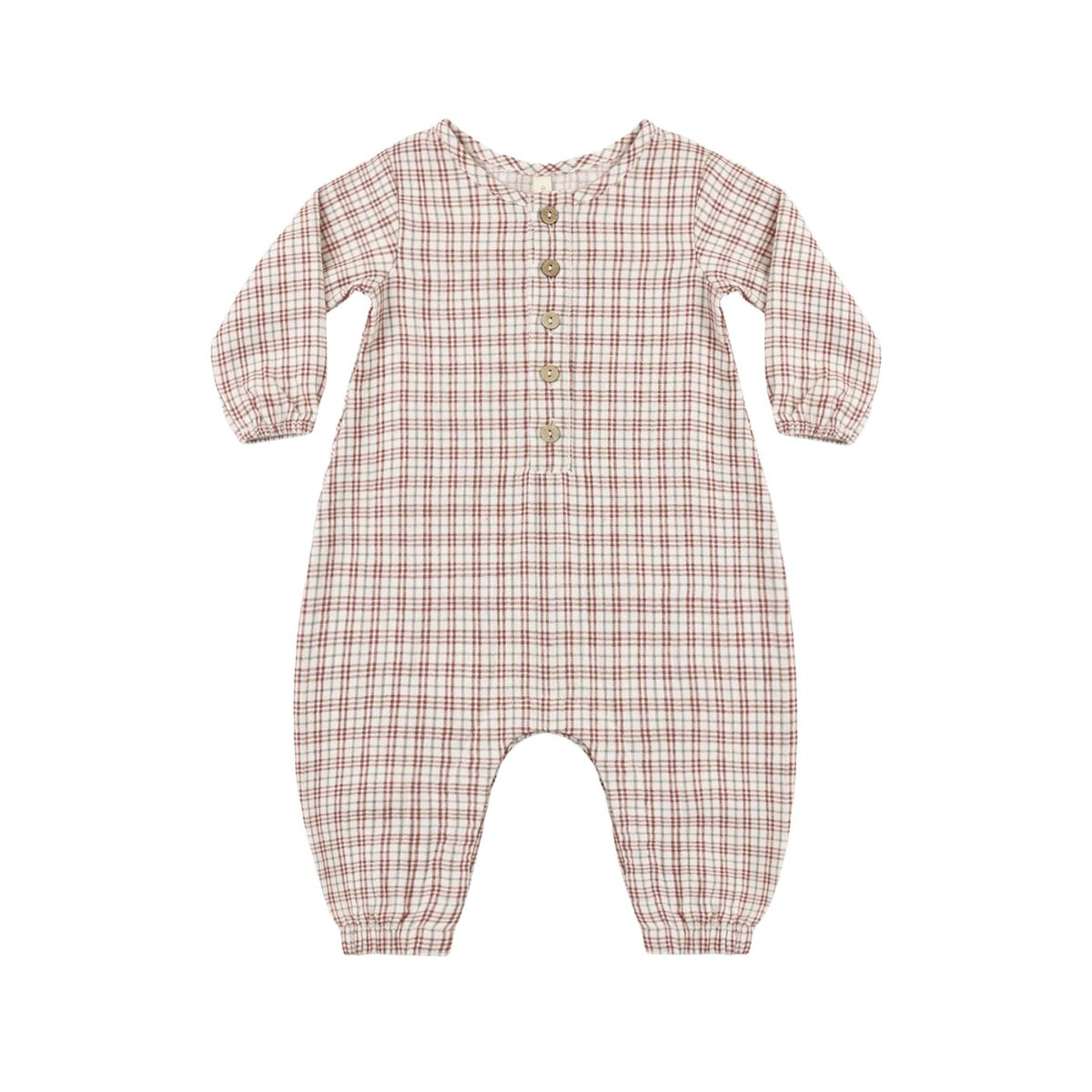 Front view of a long-sleeve baby jumpsuit by Quincy Mae featuring a classic red and green Christmas plaid pattern, a small wooden button placket on the chest, and banded cuffs at the wrists and ankles.