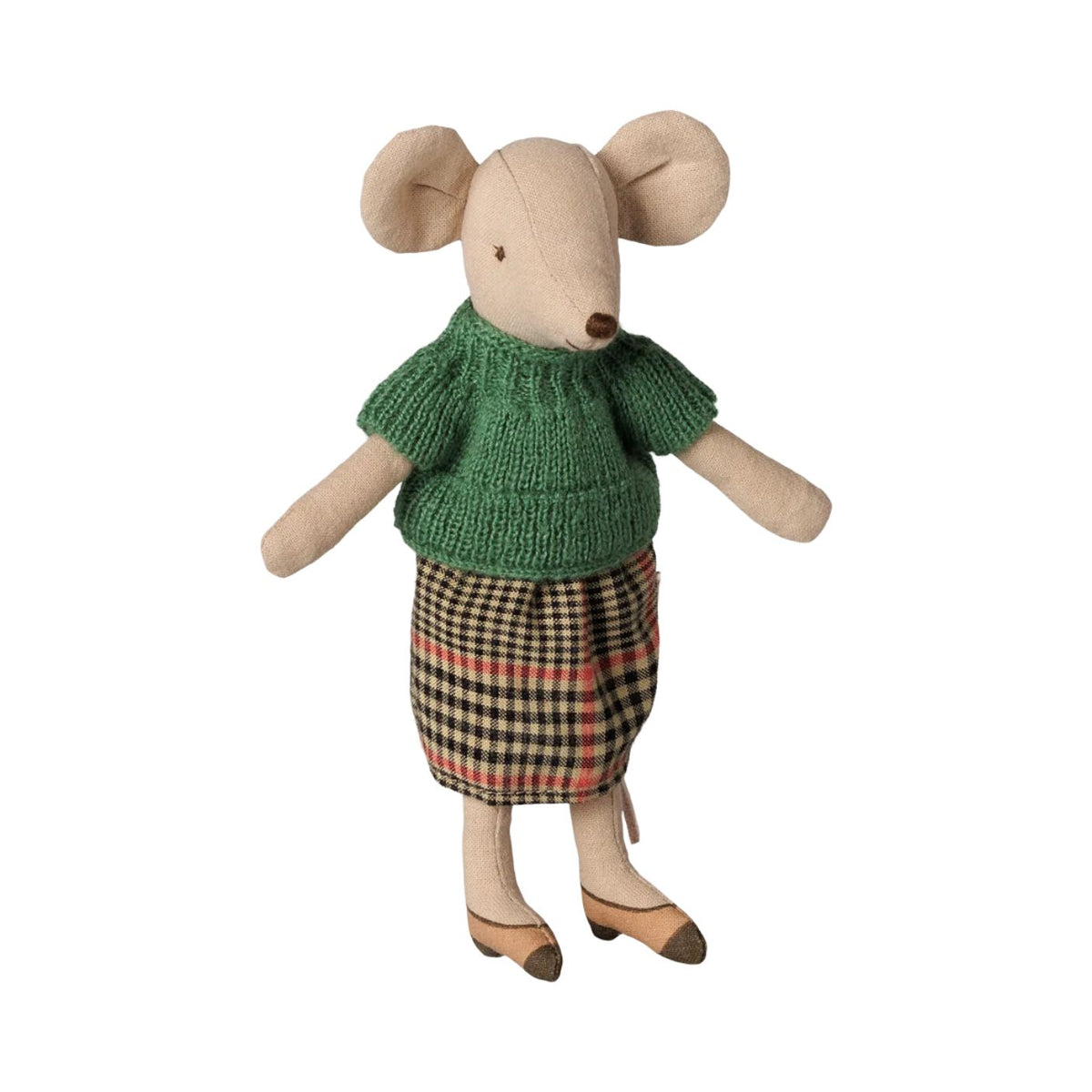 A product photo of the Grandma Mouse soft toy by Maileg, standing upright against a plain white background. She is wearing a green knitted short-sleeved blouse, a brown and red plaid skirt, and brown printed-on heels.