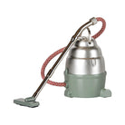 A product photo of the Maileg miniature dark mint mouse vacuum cleaner against a clean white background, featuring a vintage-style canister body, a patterned red-and-white flexible fabric hose, and a metal handle with a tiny floor nozzle.