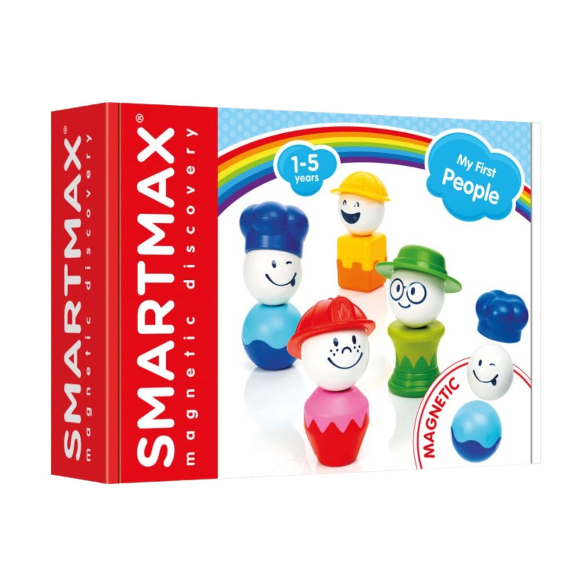 SmartMax My First People toy box packaging featuring a red and white branded box, colorful magnetic pieces including four figures (a chef, builder, gardener, and firefighter), hats, bodies, and magnetic balls, with a rainbow arch and "1-5 years" age recommendation label.