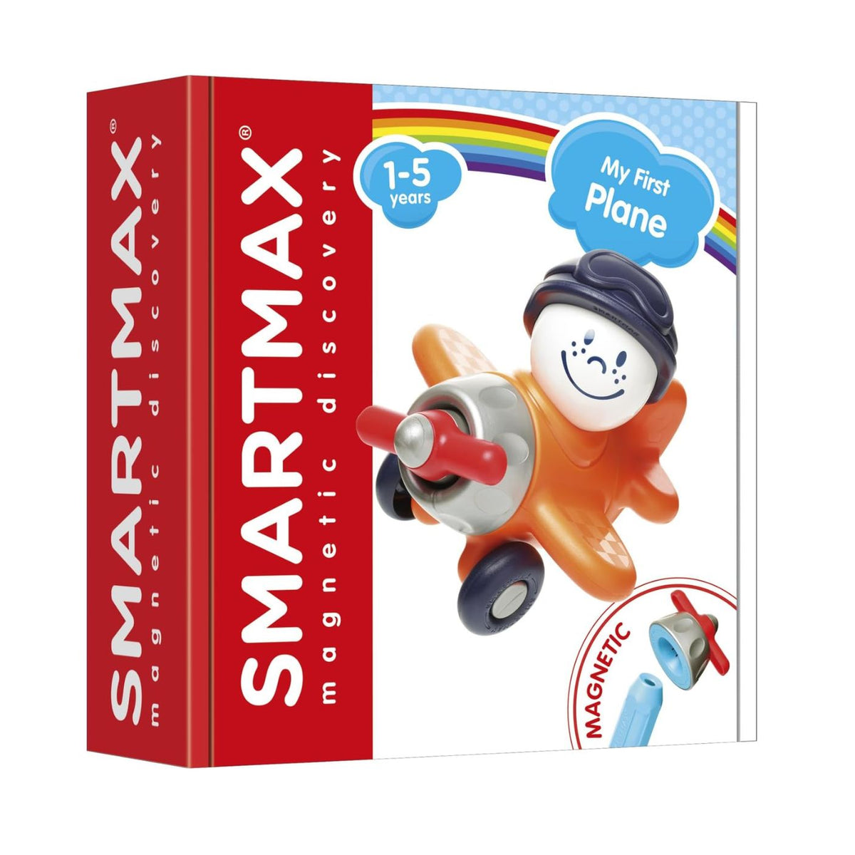 SmartMax My First Plane toy box featuring a colorful magnetic toy airplane with a pilot figure and building bars on a white background.