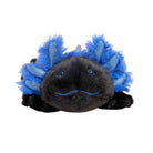 A black and blue Axolotl Junior plush toy by Warmies, featuring soft black fur and vibrant blue feathery external gills, smiling gently.