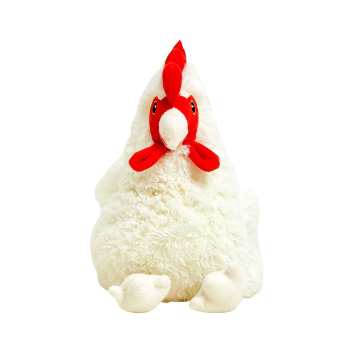 A white plush chicken toy with a bright red comb and wattle against a plain white background.