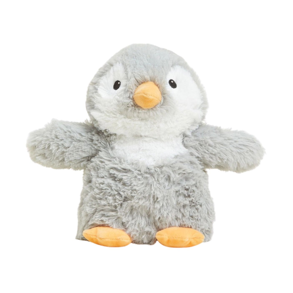 Gray Penguin by Warmies plush toy with white face and belly, a yellow beak and feet, and wide outspread arms against a white background.