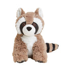 A studio product photo of a plush Raccoon by Warmies sitting upright against a white background, featuring brown and white fur, distinctive black eye patches, and a striped tail.