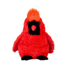 A close-up view of the Red Cardinal by Warmies plush toy, showcasing its bright red fuzzy fur, textured crest on top of its head, and a black face with a red beak.
