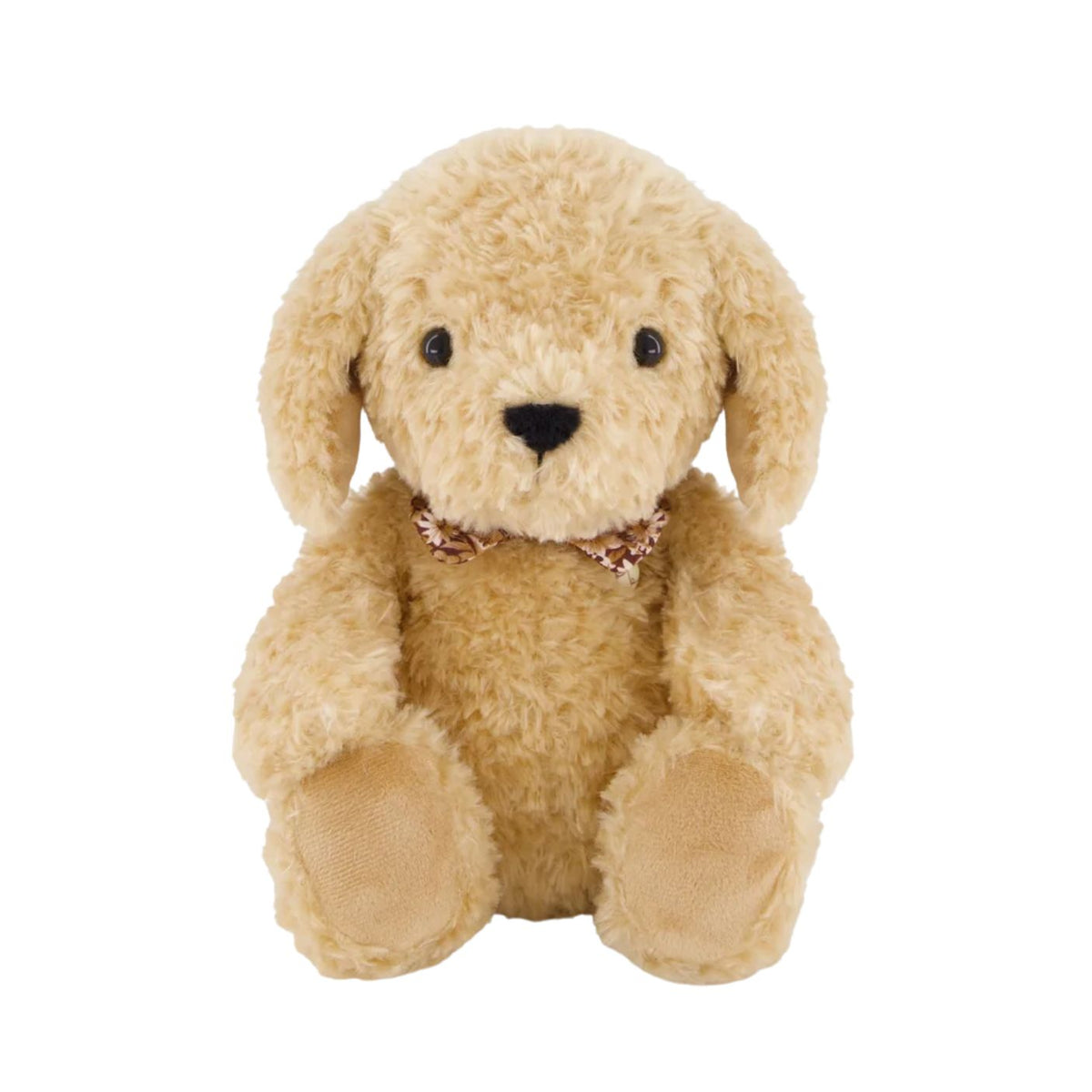 An eye-level studio product shot of a plush puppy toy, "Snuggle Bunnies - Honey the Puppy by Jamie Kay," sitting upright against a clean, solid white background. The puppy is made of a soft, fluffy, honey-toned textured faux fur and features long floppy ears, shiny dark brown button eyes, a stitched dark brown triangular nose, and a gentle, neutral expression. It wears a small patterned ribbon collar around its neck with a brown and white checkered print. The front paws are outstretched forward with smooth,