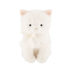 A plush white kitty toy with soft, fluffy fur, round black button eyes, a stitched nose, and a small cream-colored bow under its chin, presented against a clean white background.