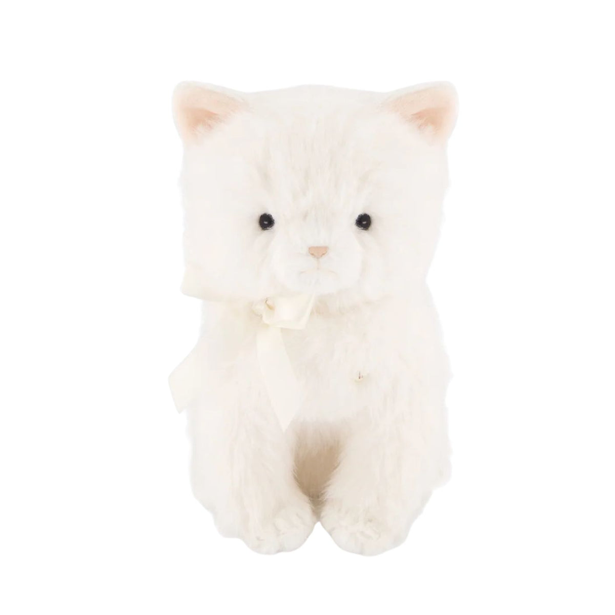 A plush white kitty toy with soft, fluffy fur, round black button eyes, a stitched nose, and a small cream-colored bow under its chin, presented against a clean white background.