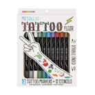 A product packaging box for Tattoo Flair - 10 Tattoo Markers and 12 Stencils by Snifty against a white background. The front of the packaging features the "Snifty Metallic Tattoo Flair" logo at the top and an illustration of a hand making a peace sign adorned with colorful temporary metallic tattoos, including a snake, hearts, a skull, and lightning bolts. Ten double-ended tattoo markers stand upright in a holder inside the box, showing their colorful caps and barrels, with text indicating "10 Tattoo Marker