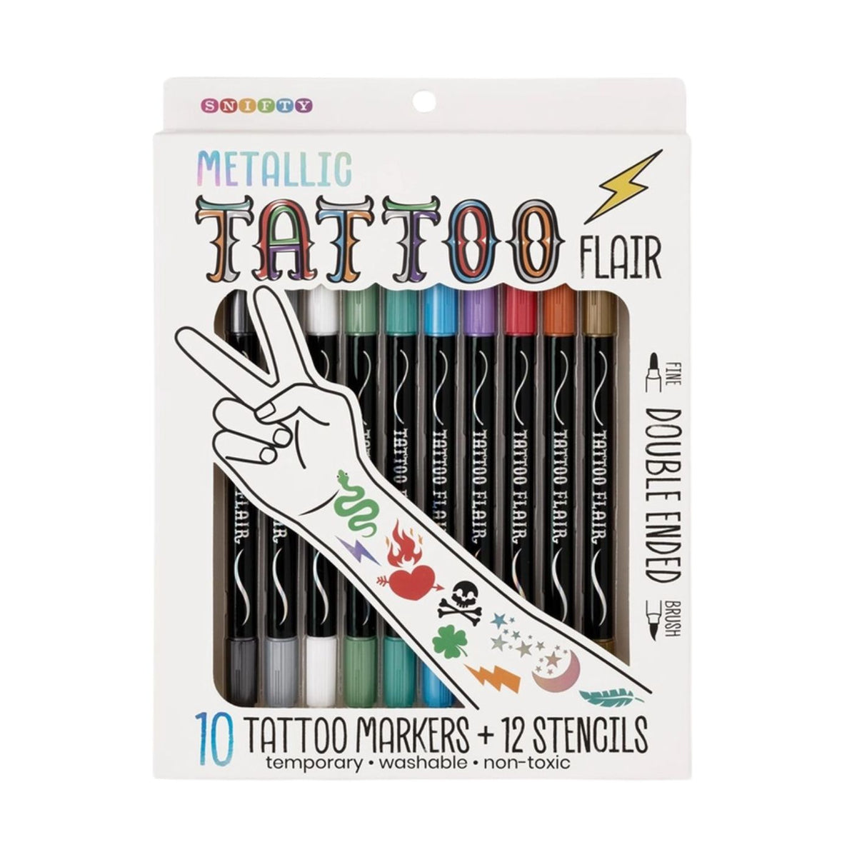 A product packaging box for Tattoo Flair - 10 Tattoo Markers and 12 Stencils by Snifty against a white background. The front of the packaging features the "Snifty Metallic Tattoo Flair" logo at the top and an illustration of a hand making a peace sign adorned with colorful temporary metallic tattoos, including a snake, hearts, a skull, and lightning bolts. Ten double-ended tattoo markers stand upright in a holder inside the box, showing their colorful caps and barrels, with text indicating "10 Tattoo Marker