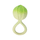 An infant toy designed as a green cabbage head featuring textured leaves at the top and a circular ring handle at the base.