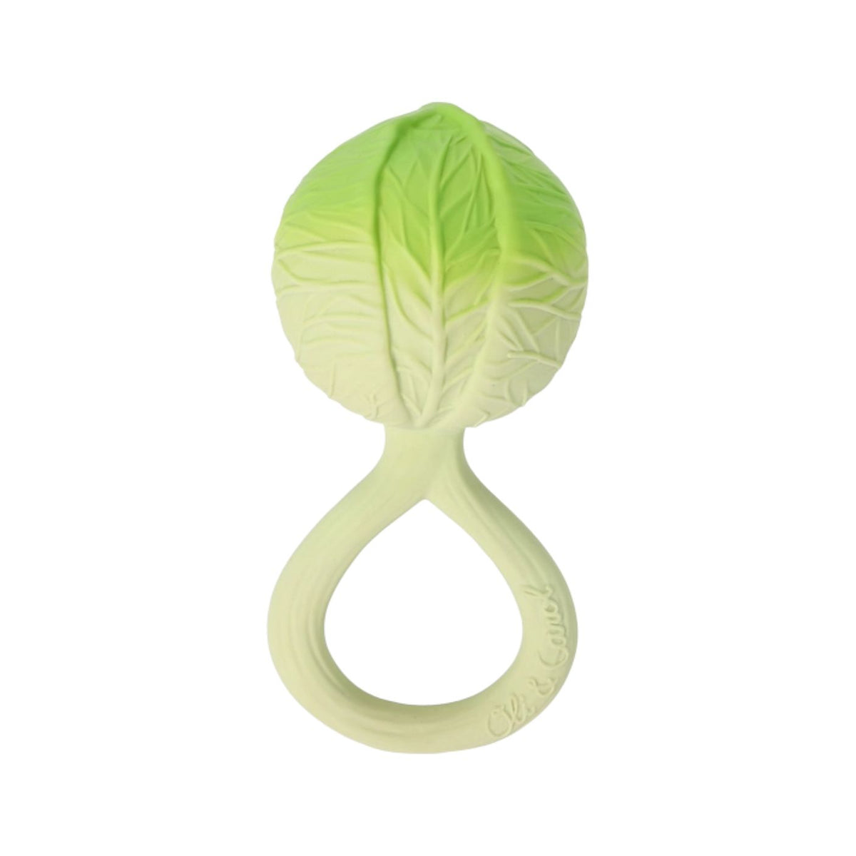 An infant toy designed as a green cabbage head featuring textured leaves at the top and a circular ring handle at the base.
