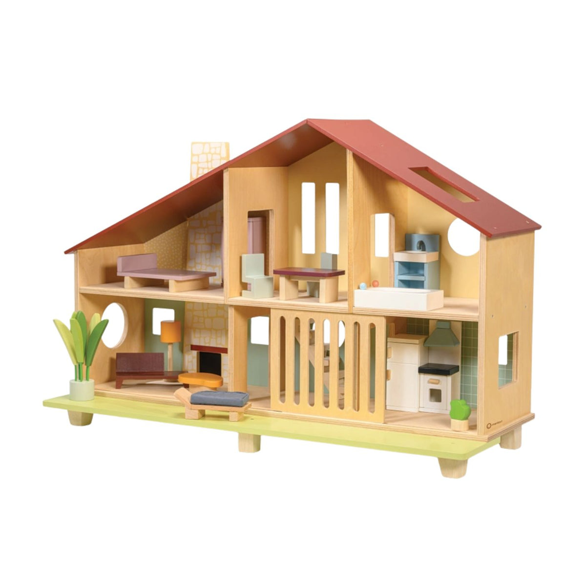 Wooden Cedar Chalet Modernist Dollhouse by Mentari featuring a mid-century modern architectural design with an open-front layout, a red gabled roof, a pebble-dash style chimney breast, and six furnished rooms complete with a starter set of modernist furniture and a sliding ground-floor grill opening onto an urban lawn with a potted plant and bench.