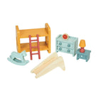 Product photo of the Wooden Playroom Furniture set by Mentari against a white background, featuring a miniature wooden bunk bed with a ladder, a natural wood slide, a light blue rocking horse, a chest of drawers with a red clock graphic, and a matching bedside table with an orange lamp.