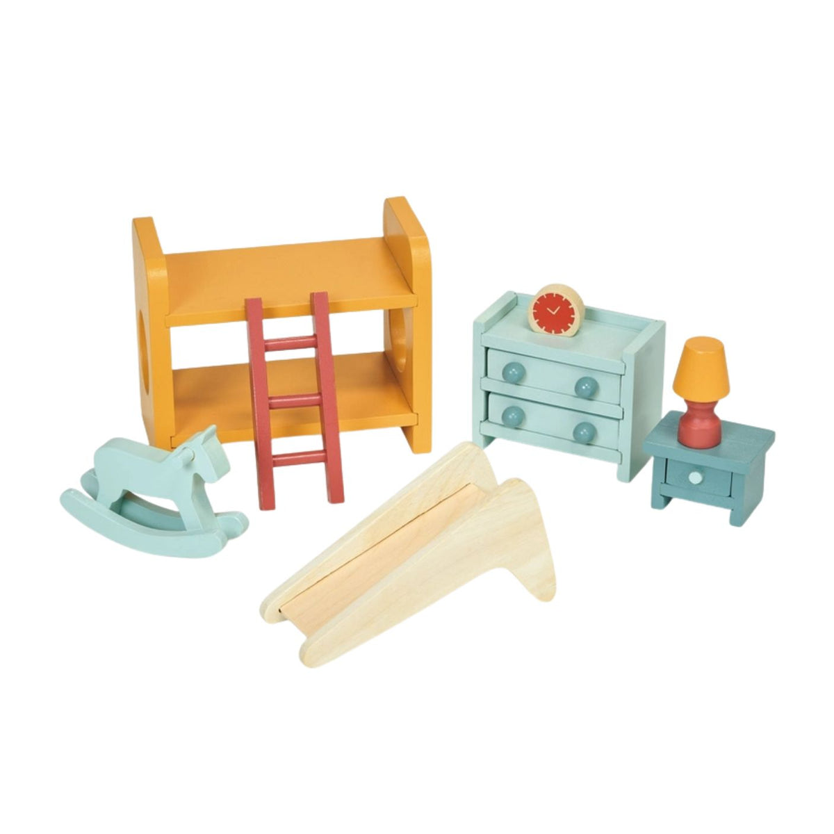 Product photo of the Wooden Playroom Furniture set by Mentari against a white background, featuring a miniature wooden bunk bed with a ladder, a natural wood slide, a light blue rocking horse, a chest of drawers with a red clock graphic, and a matching bedside table with an orange lamp.