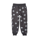 Dark gray jogger pants with an all-over basketball print, featuring a drawstring waist and ribbed cuffs, shown against a plain white background.