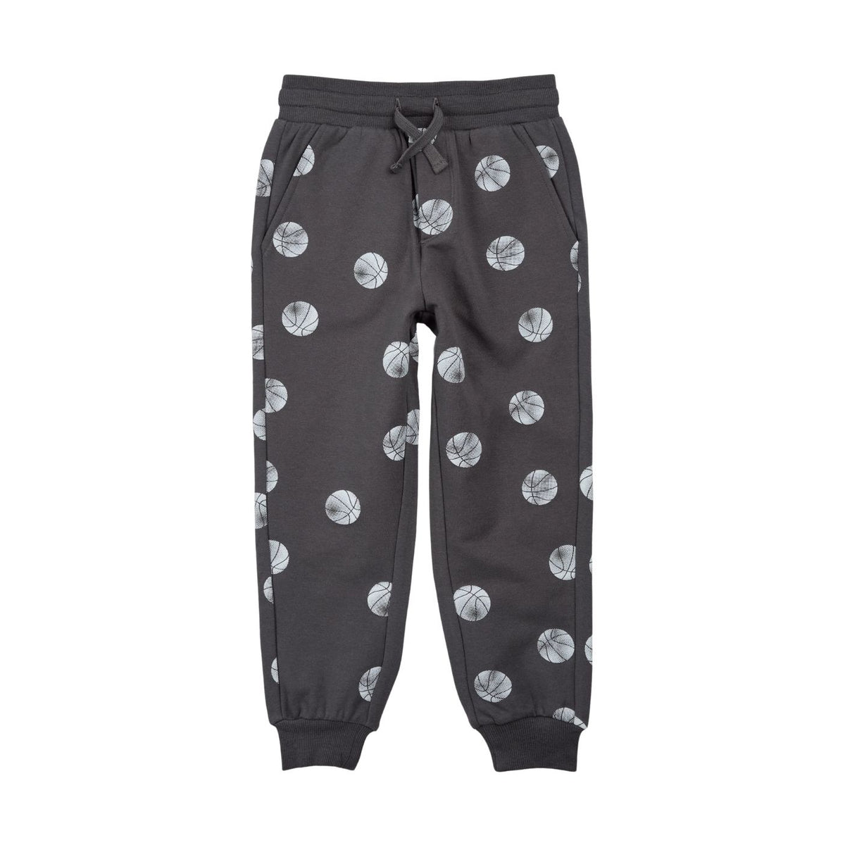 Dark gray jogger pants with an all-over basketball print, featuring a drawstring waist and ribbed cuffs, shown against a plain white background.