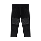 Black athletic leggings with textured contrast panels on the thighs and lower legs, shown flat against a solid white background.