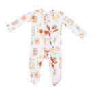 A baby footed sleeper with long sleeves and an all-over cartoon peanut butter and jelly theme print on a white background.