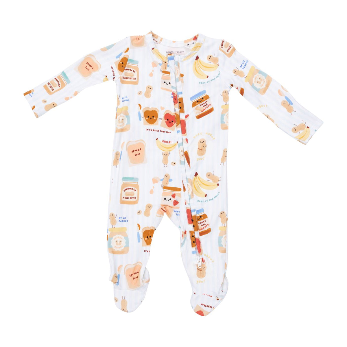 A baby footed sleeper with long sleeves and an all-over cartoon peanut butter and jelly theme print on a white background.