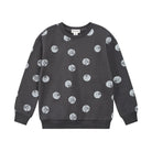 A dark gray crewneck sweatshirt with an all-over print of basketballs in white and light gray, shown flat against a solid white background.