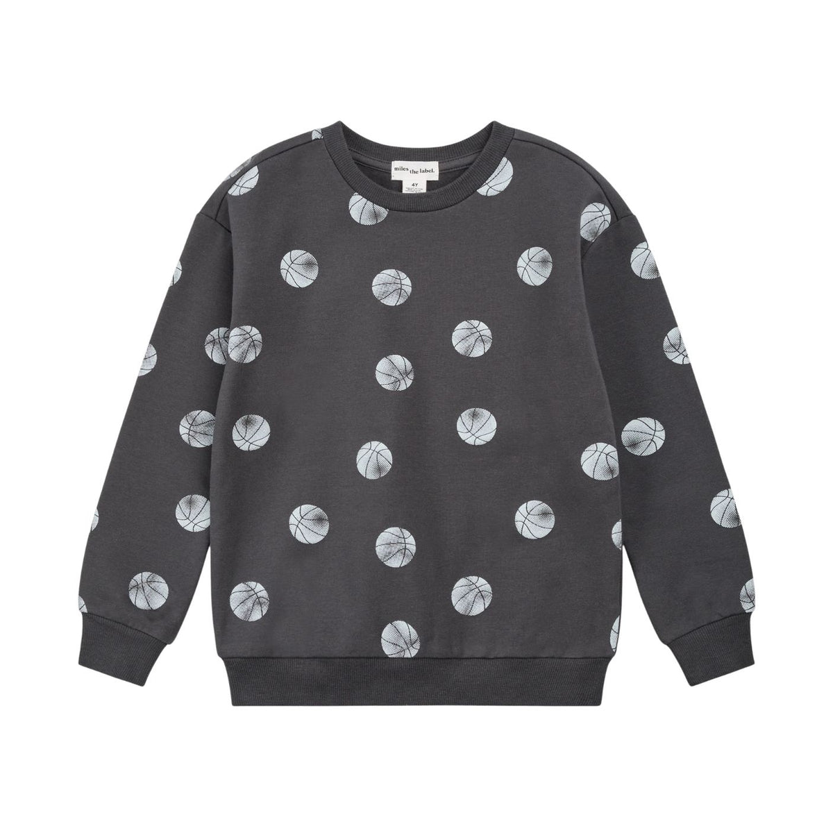 A dark gray crewneck sweatshirt with an all-over print of basketballs in white and light gray, shown flat against a solid white background.