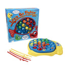 Let’s Go Fishin' Game box and contents, including the colorful game board, 21 toy fish, and four fishing rods.
