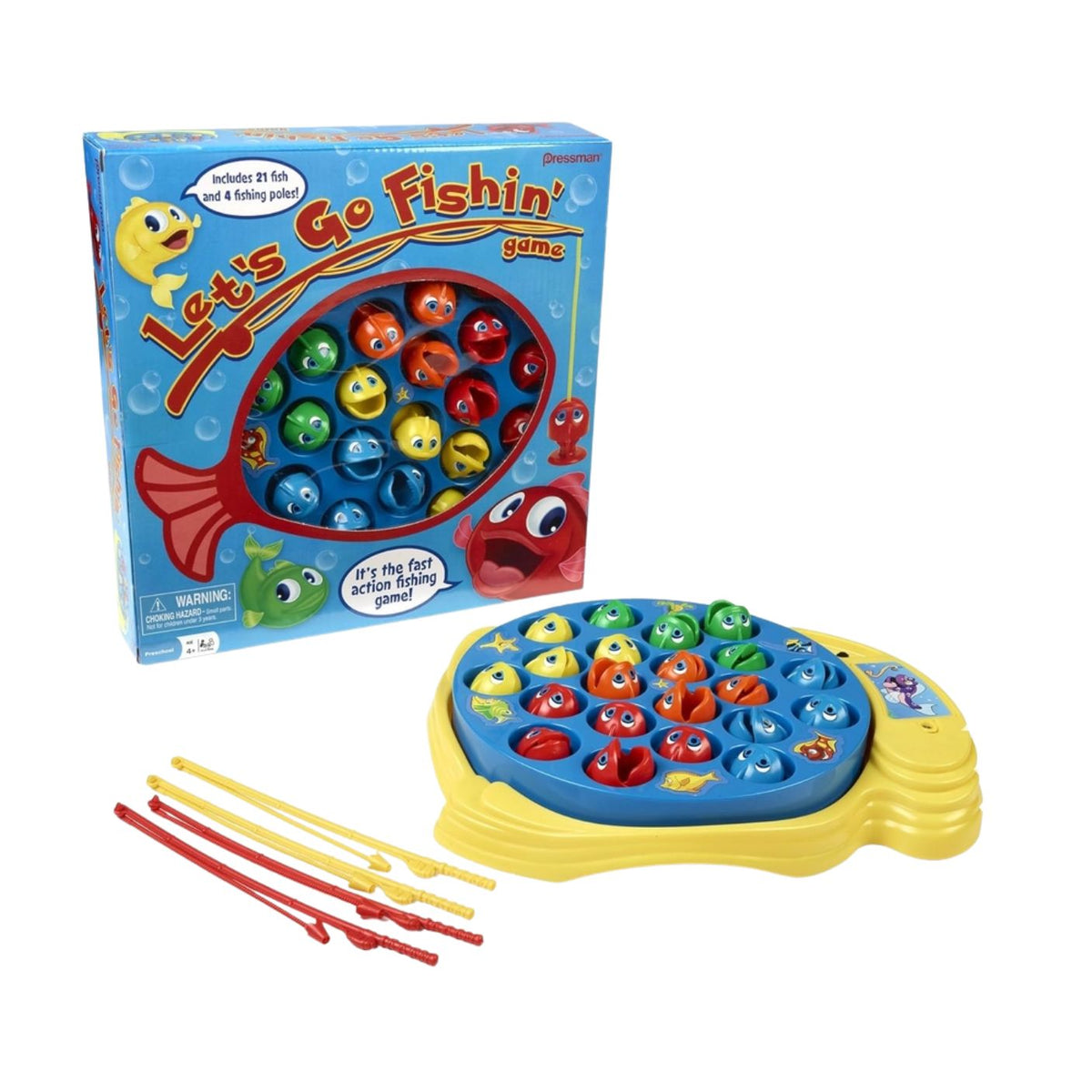 Let’s Go Fishin' Game box and contents, including the colorful game board, 21 toy fish, and four fishing rods.