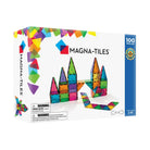 Packaging for the Classic Clear Colors 100-Piece Set by Magna-Tiles, featuring a colorful display of translucent magnetic tiles built into castle-like structures against a white background.