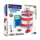 Product packaging for the Magna-Tiles Lighthouse Rescue 26-Piece Set, showing the built lighthouse structure, a rescue raft with a character figurine, a sea turtle figure, and colorful magnetic tiles against a white background.