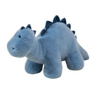 A plush toy dinosaur in a dusty light blue color with dark blue spikes along its back, shown against a plain white background.
