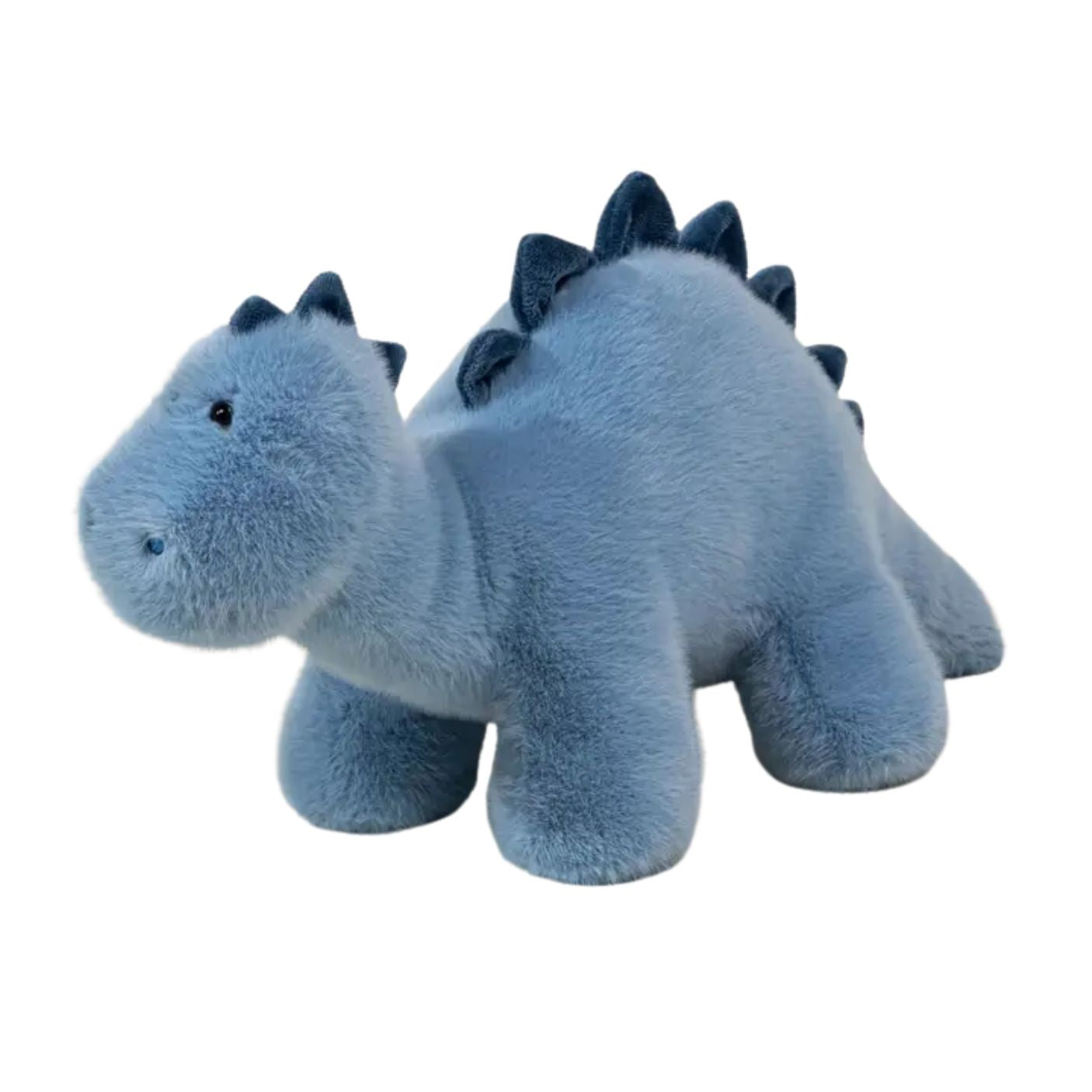 A plush toy dinosaur in a dusty light blue color with dark blue spikes along its back, shown against a plain white background.