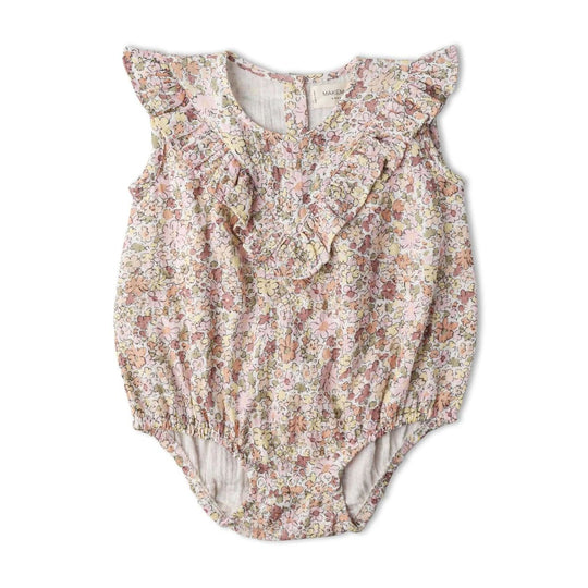 Organic Sleeveless Ruffle Bubble Romper -  Pastel Bloom by Makemake Organics