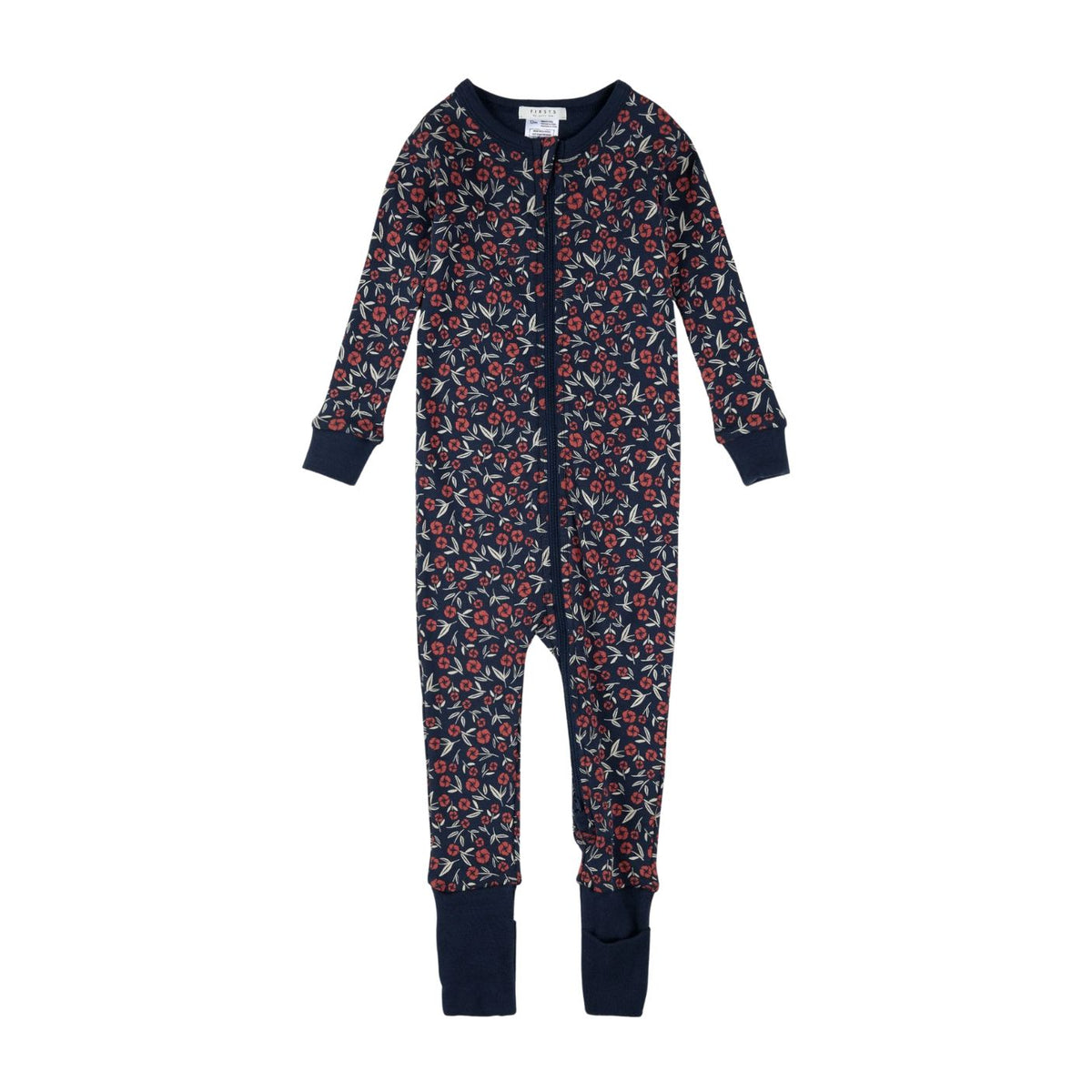 A long-sleeve baby footed one-piece jumpsuit in navy blue with an all-over red and white floral pattern, featuring solid navy cuffs and a navy zipper closure.