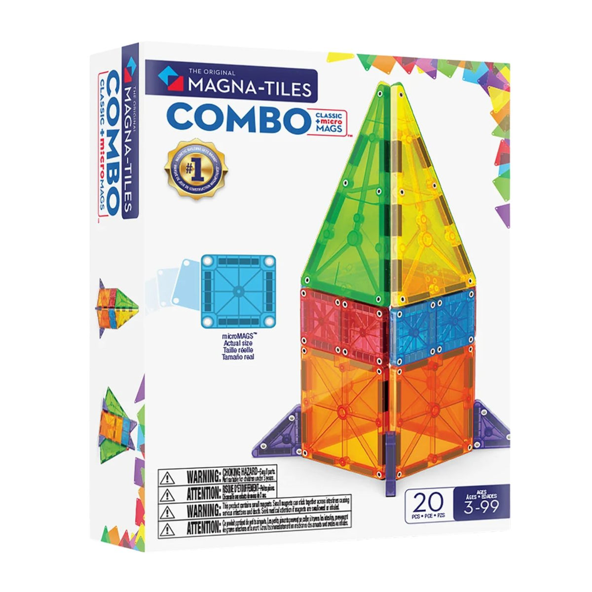 Product packaging and built model of the microMAGS 20 Piece Combo Set by Magna-Tiles, featuring a colorful, tall magnetic tower structure built with both standard-sized and micro-sized translucent tiles alongside its retail box.