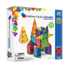 The product packaging for the microMAGS 62 Piece Combo Set by Magna-Tiles shows an assembled colorful 3D magnetic tower structure made of standard and micro-sized translucent geometric tiles, set against a white background with safety warnings and branding visible on the box.