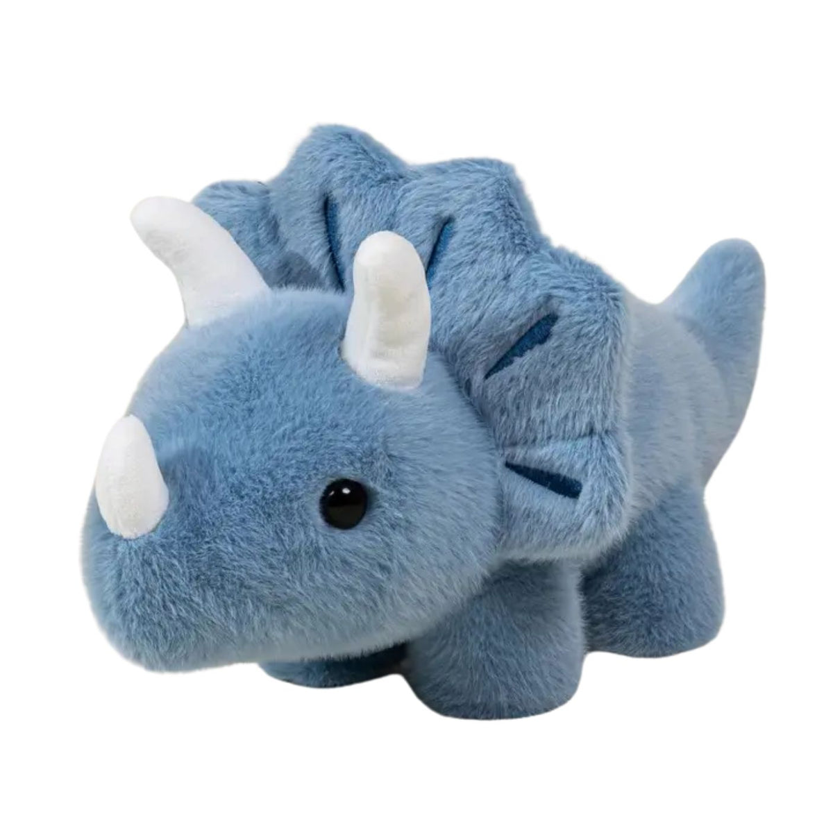A plush toy Triceratops dinosaur in light blue with white horns and a black bead eye, photographed on a solid white background.