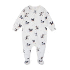 A white long-sleeve baby footed sleeper with an all-over print of Bernese Mountain Dogs, shown flat on a white background.