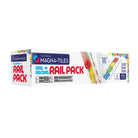 The product box for the Rail Racers Rail Pack by Magna-Tiles sits against a clean white background, showcasing the colorful packaging with branding and a preview of the 8-piece rail set inside.
