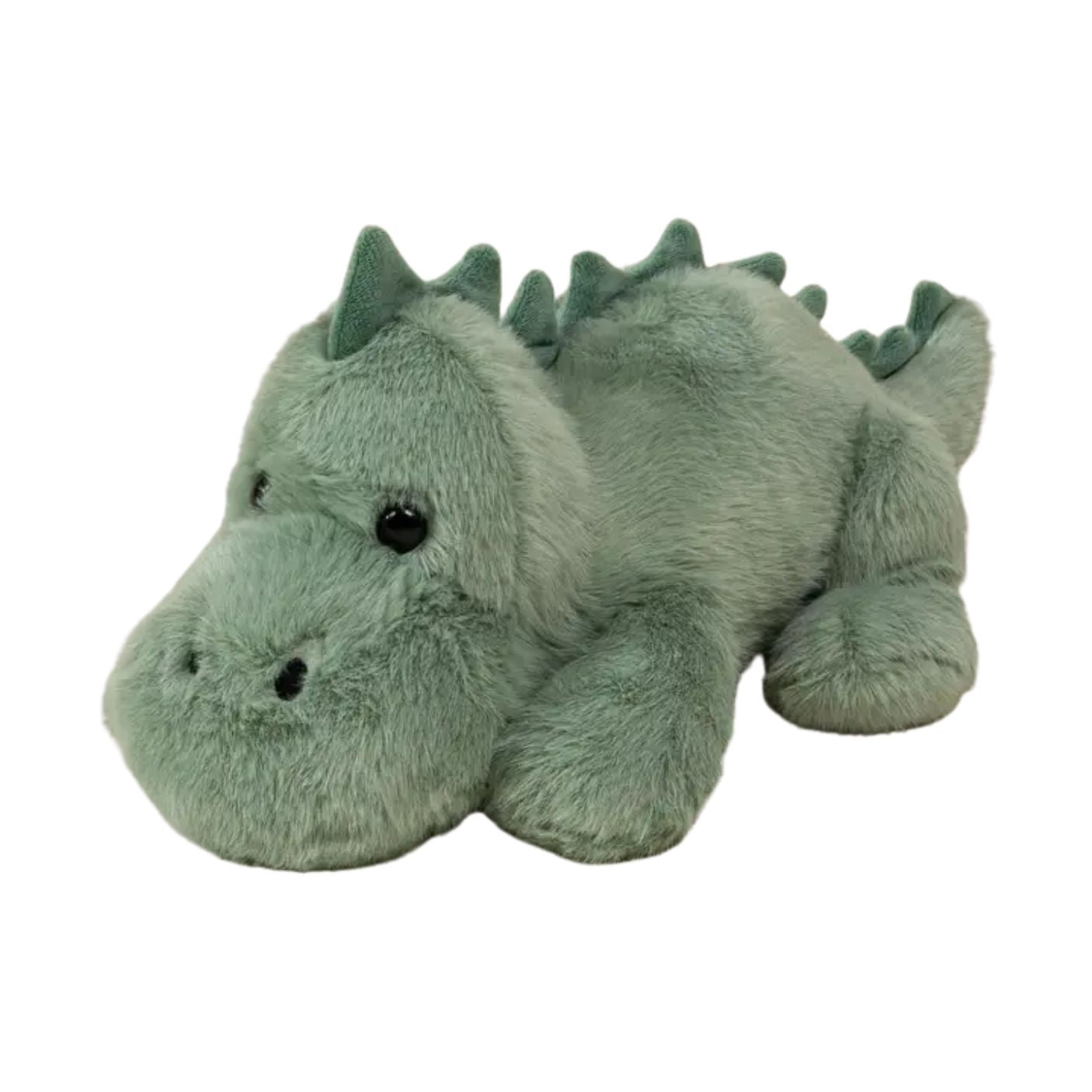 A plush toy dragon in a dusty sage green color, featuring black bead eyes and small black nose details, photographed on a solid white background.