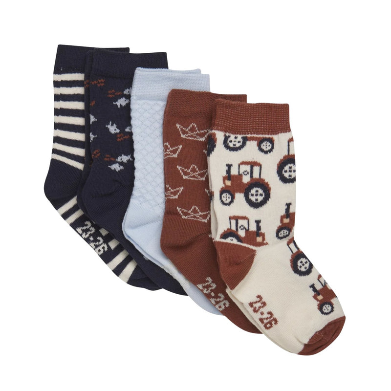 5 Pack Socks - Tractors/Brown Mix by Minymo